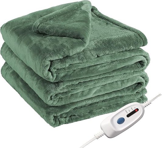 Electric Heated Blanket Queen Size 84"x90", Dual Control Fast Heating Cozy Heated Blanket for Bed, 10 Hours Auto Off & 4 Heating Levels, Warm Gift for Grandma-Sage Green