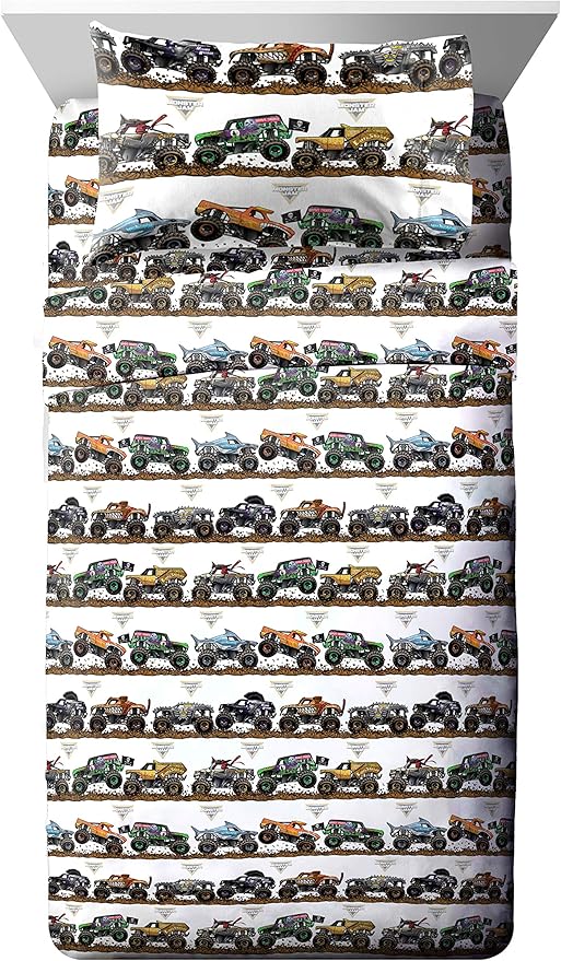 Jay franco Monster Jam Tracks 4 Piece Twin Bed Set - Includes Comforter & Sheet Set - Bedding Features Grave Digger & Megalodon - Super Soft Fade Resistant Microfiber (Official Monster Jam Product)