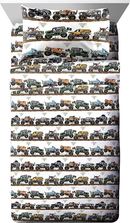 Jay franco Monster Jam Tracks 4 Piece Twin Bed Set - Includes Comforter & Sheet Set - Bedding Features Grave Digger & Megalodon - Super Soft Fade Resistant Microfiber (Official Monster Jam Product)