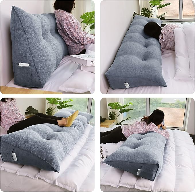 Wedge Headboard Pillow Dorm Room Reading Pillow Back Support for Sitting Up in Bed Bolster Lumbar Cushion Body Positioning Bedrest Cotton Linen 54in Gray Full
