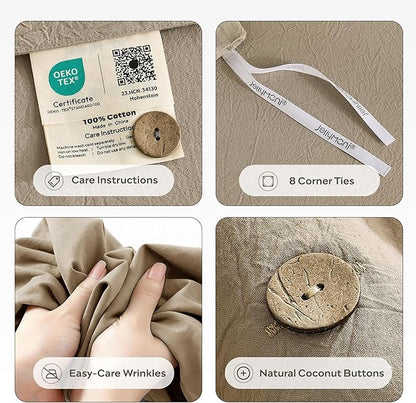 JELLYMONI 100% Washed Cotton Duvet Cover Twin – Soft, Breathable Linen-Look Bedding with Natural Wrinkle Texture, Button Closure, 3-Piece Set (Dusty Khaki, 68"x90")