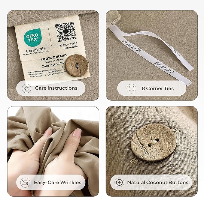 JELLYMONI 100% Washed Cotton Duvet Cover Queen – Soft, Breathable Linen-Look Bedding with Natural Wrinkle Texture, Button Closure, 3-Piece Set (Dusty Khaki, 90"x90")