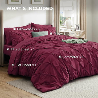 Bedsure Queen Comforter Set Burgundy - Bed in a Bag Queen Size Bedding 7 Pieces, GentleSoft™ Pintuck Bed Set Gift for Family, Pinch Pleat All Season Comforter with Sheets, Pillowcases & Shams