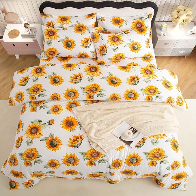 SDY 7PCS Sunflower Comforter Set Full Size Cute Printed Comforter Sets Bed in a Bag for Toddler,Girls Boys and Kids, with Comforter, Flat Sheet, Fitted Sheet and Pillowcases & Shams