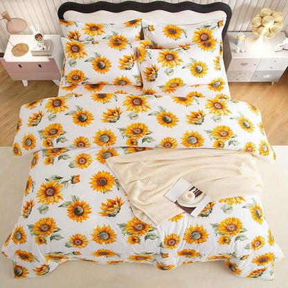 SDY 7PCS Sunflower Bedding Twin Bed in A Bag Sunflower Comforter and Bed Sheets for Boys Girls Kids with 1Comforter, 1FittedSheet, 1FlatSheet, 2Pillow Cover, 2Pillow Sham