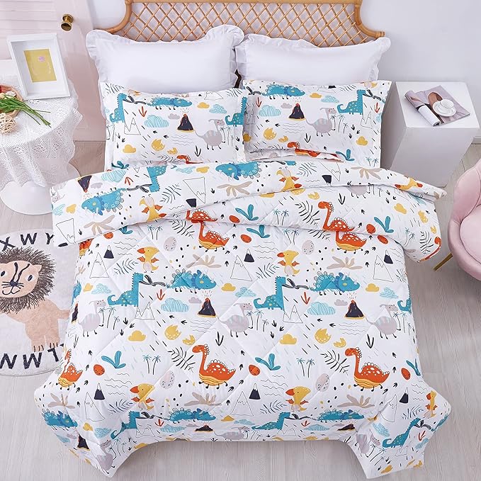 JSD Dinosaur Kids Comforter Set Twin Size, 2 Piece Microfiber Comforter with Pillow Sham, Lightweight All Season Washable
