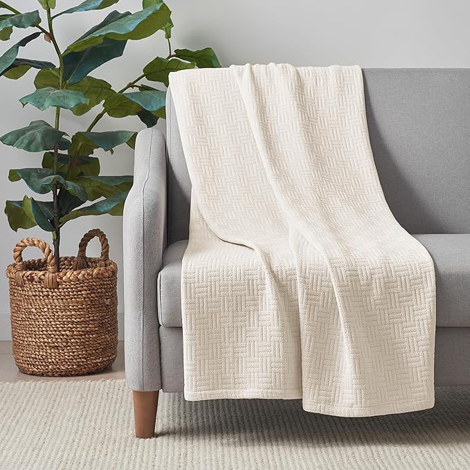 Arkwright Basket Weave Throw Blanket - 100% Ringspun Cotton All Season Throws, Luxury Hotel Quality, Soft on Skin, Breathable, 300 GSM for Bed, Sofa, and Chair, 50 X 70 in, Beige