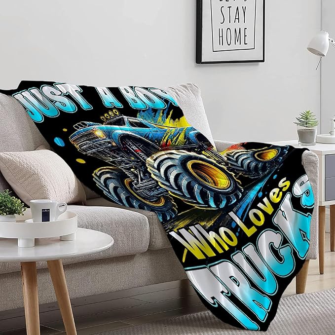 Truck Throw Blanket, Just A Boy Who Loves Trucks Flannel Blankets, Soft Cozy Lightweight Throws Gifts for Truck Lovers & Boys 40x50 Inch for Kid
