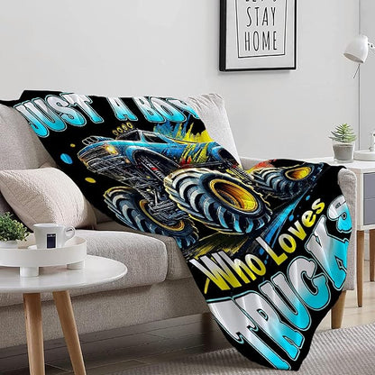 Truck Throw Blanket, Just A Boy Who Loves Trucks Flannel Blankets, Soft Cozy Lightweight Throws Gifts for Truck Lovers & Boys 40x50 Inch for Kid