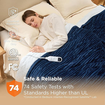 Bedsure GentleSoft Electric Blanket Full Size - Soft Ribbed Flannel Heated Blanket with 6 Heat Settings, Heating with 10 Time Settings, 8 hrs Timer Auto Shut Off, Gifts for Grandma (72"x84", Navy)