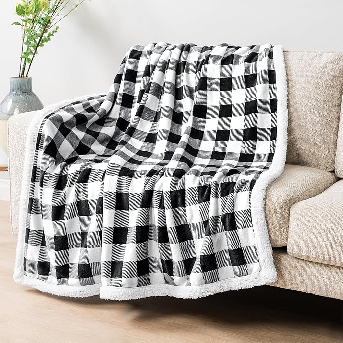 Pavilia Black White Buffalo Plaid Sherpa Bed Blanket Queen, Plush Checkered Fleece, Soft Fuzzy Flannel Large for Couch Sofa, Warm Heavy Thick Winter Gift, 90x90