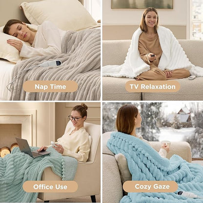 Bedsure Electric Blanket King Size - Thick Striped Flannel Electric Blanket with Dual Control, Heating with 10 Heat Settings & 10 Time Settings, 8 hrs Timer Auto Shut Off (90x100 inches, White)