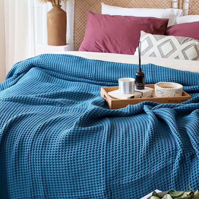 Premium Waffle Blanket Twin Size Blue - Luxury, Pure 100% Turkish Cotton, Light and Airy Waffle Weave All-Season Quilt - Luxury Decorative Bedspread (Indigo Blue, Twin 63" x 91" Inch)