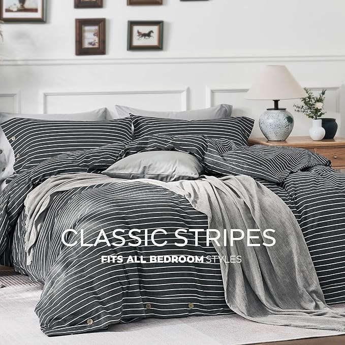 JELLYMONI Cotton Duvet Cover Queen Size - Gray Pinstriped Comforter Cover with Button 100% Washed Cotton 3PCS Breathable Soft Solid Bedding Set Duvet Cover 90×90in & 2 Pillowcases (NO Comforter)