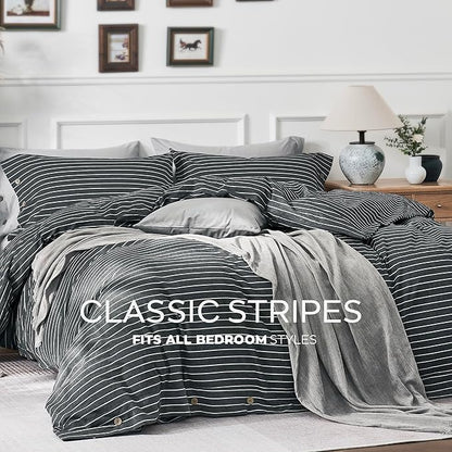 JELLYMONI Cotton Duvet Cover Queen Size - Gray Pinstriped Comforter Cover with Button 100% Washed Cotton 3PCS Breathable Soft Solid Bedding Set Duvet Cover 90×90in & 2 Pillowcases (NO Comforter)