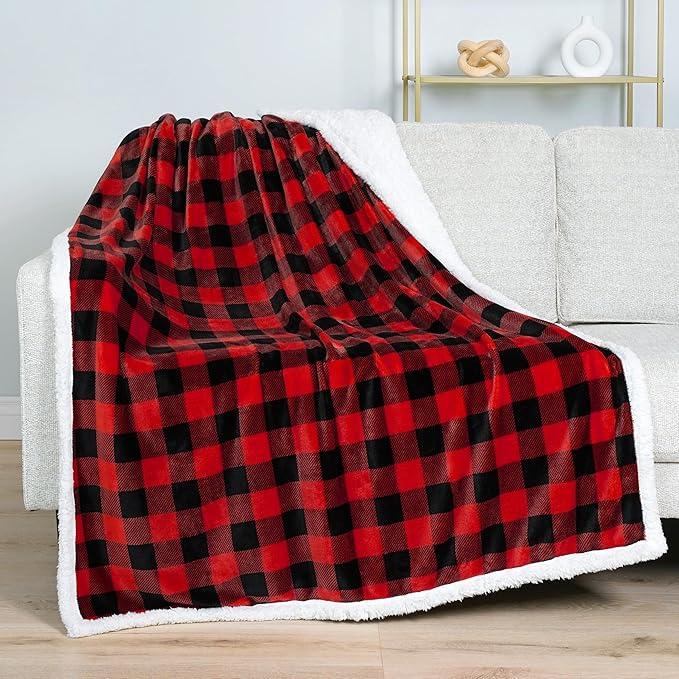 PAVILIA Buffalo Check Sherpa Blanket Throw Queen,Red Black Checkered Flannel Fleece Blanket,Christmas Plaid Warm Plush Microfiber Blanket for Couch Sofa,90x90 Inches