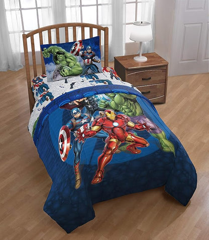 Marvel Avengers Blue Circle 4 Piece Twin Bed Set - Includes Reversible Comforter & Sheet Set - Super Soft Fade Resistant Polyester (Official Marvel Product)