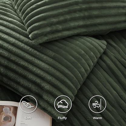 Bedsure Fluffy Duvet Cover Set - Ultra Soft Plush Shaggy Comforter Cover King Size, Warm Flannel Fleece Bed Sets for Winter, 3 Pieces (Striped Pattern, Green)