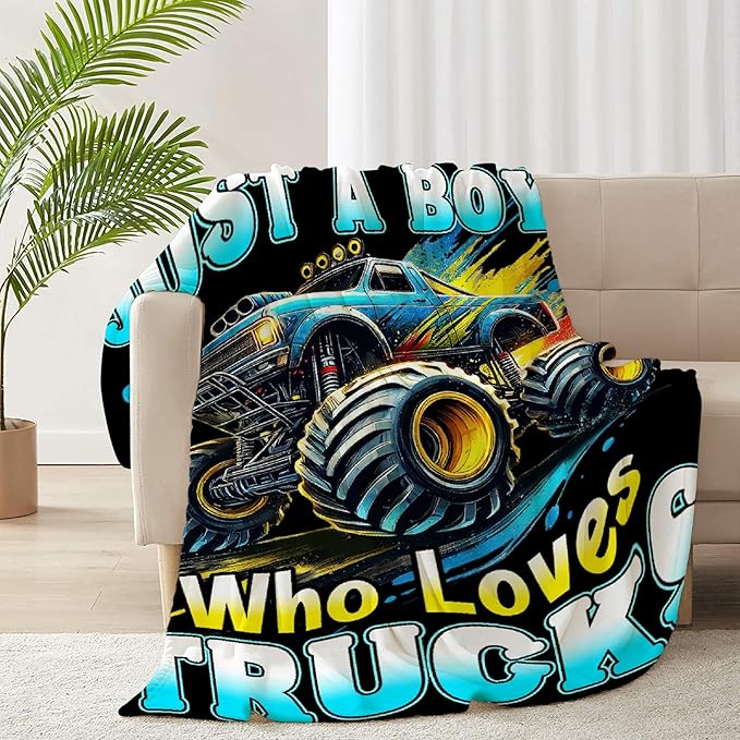 Truck Throw Blanket, Just A Boy Who Loves Trucks Flannel Blankets, Soft Cozy Lightweight Throws Gifts for Truck Lovers & Boys 80x60 Inch for Adult