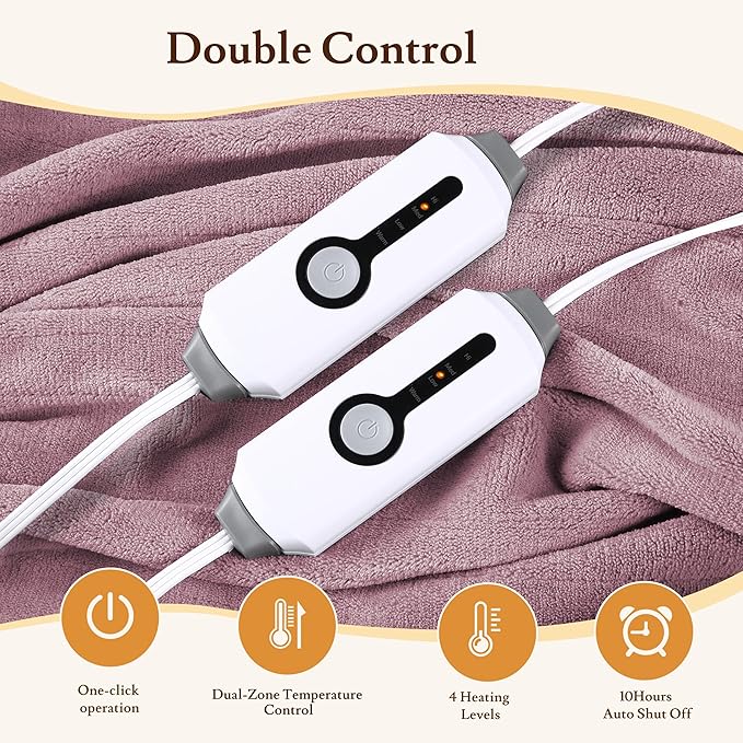 Electric Heated Blanket 84"x90" Queen Size - 4 Heat Settings & Dual Controllers, 10H Auto Shut Off, Ultra-Soft Coral Fleece Heated Blanket with Overheat Protection, Dark Pink