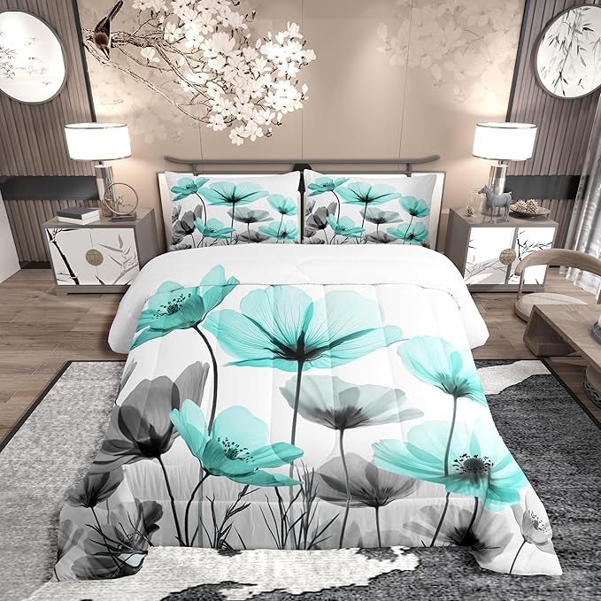 Erosebridal Teal Floral Queen Comforter Set,Teal and Grey Flower Bedding Set for Kids Girls Women,Farmhouse Flowers Quilt,Boho Flowers Wildflower Bedroom Decor with 2 Pillowcases,Ultra Soft