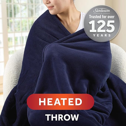 Sunbeam Electric Throw Royal Luxe Microplush Heated Blanket, 4 Heat Settings, 4-Hour Auto Shut-Off, Fast Heating, Warm and Cozy, Admiral Blue Color, 50" x 60"