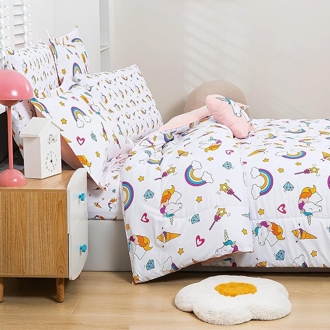 Mooreeke Bed in a Bag for Kids Girls Teens, 8 Pieces Full Size Comforter Bed Set with Shams, Sheet Set and Decorative Toy Pillow, Unicorn Rainbow Super Soft Microfiber Kids Bedding Set