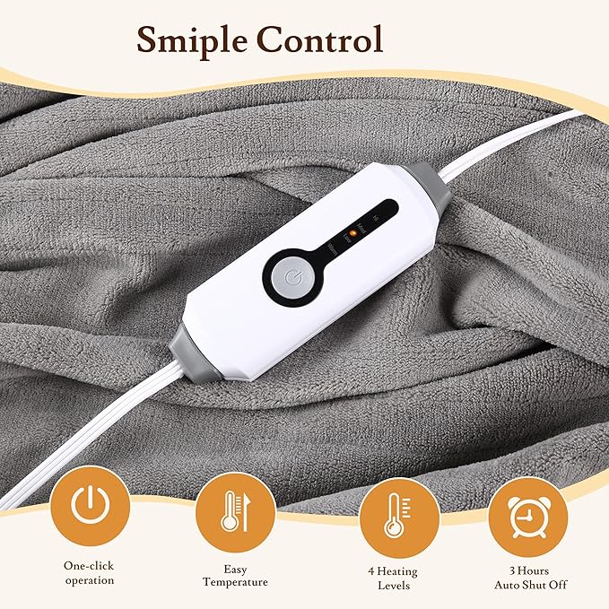 Electric Heated Blanket 50"x60" Throw Size - 4 Heat Settings, 3H Auto Shut Off, Ultra-Soft Coral Fleece Heated Blanket with Overheat Protection, Fast Heating, Cozy and Comfortable, Light Gery