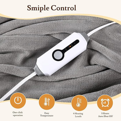 Electric Heated Blanket 50"x60" Throw Size - 4 Heat Settings, 3H Auto Shut Off, Ultra-Soft Coral Fleece Heated Blanket with Overheat Protection, Fast Heating, Cozy and Comfortable, Light Gery