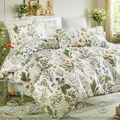 Duvet Cover King Size - 100% Cotton Reversible Floral King Duvet Cover Set with Zipper Closure, 3 Pieces Soft & Breathable Green Bedding Set for All Seasons