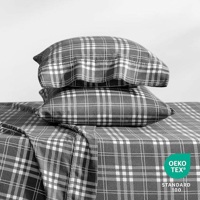 Bare Home Flannel Sheet Set Prints, 100% Cotton, Velvety Soft Heavyweight - Double Brushed Flannel for Extra Softness & Comfort - Deep Pocket - Bed Sheets (Cal King, Stirling Plaid - Grey/White)