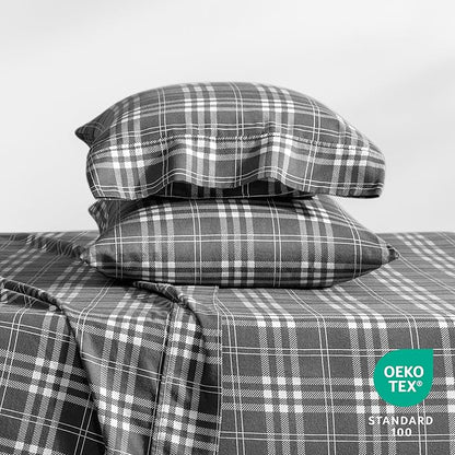 Bare Home Flannel Sheet Set Prints, 100% Cotton, Velvety Soft Heavyweight - Double Brushed Flannel for Extra Softness & Comfort - Deep Pocket - Bed Sheets (King, Stirling Plaid - Grey/White)