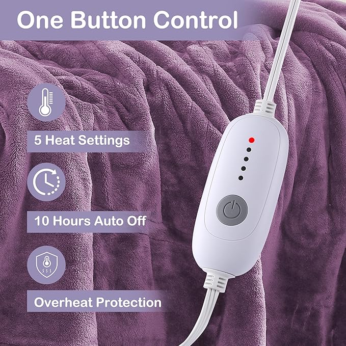 Electric Heated Blanket Full Size 72"x84", Fast Heating Blanket, Soft Cozy for Bed, 10 Hours Auto Off & 5 Heating Levels, Heater Blankets, Machine Washable, Warm Gifts for Grandma -Light Purple