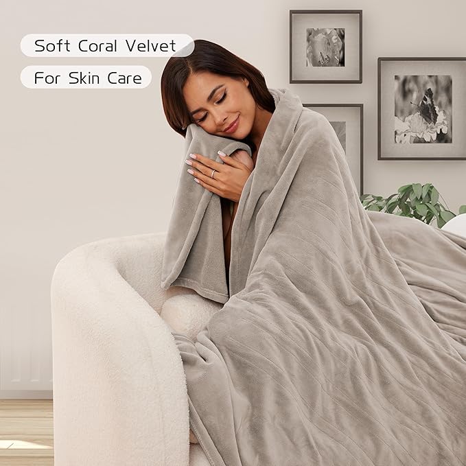 Electric Heated Blanket 90"x100" King Size, Soft Coral Fleece, Dual Controllers with 4 Heating Levels and 10 Hours Auto-Off, Machine Washable, Cozy Plush Fabric for Home, Light Brown