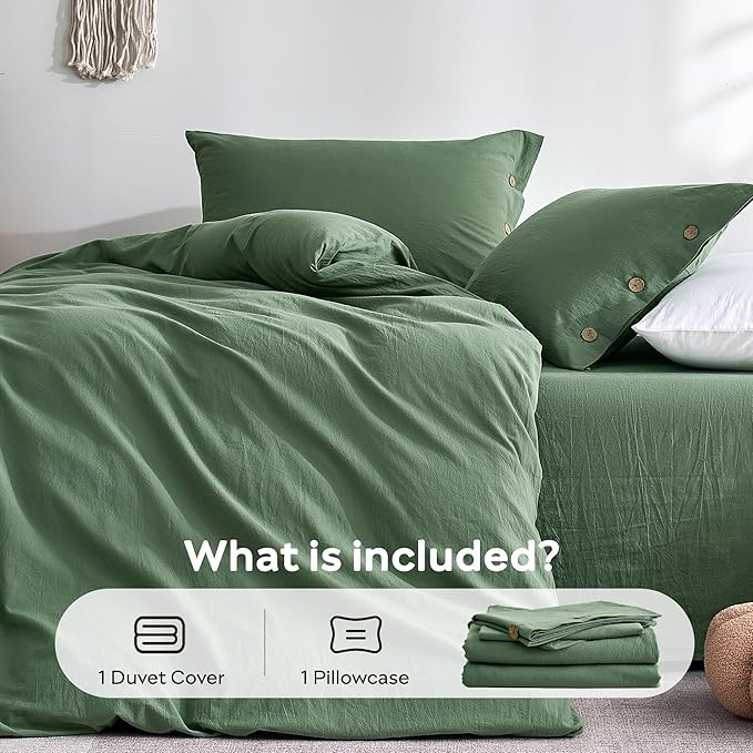JELLYMONI 100% Washed Cotton Duvet Cover Twin – Soft, Breathable Linen-Look Bedding with Natural Wrinkle Texture, Button Closure, 3-Piece Set (Dusty Green, 68"x90")