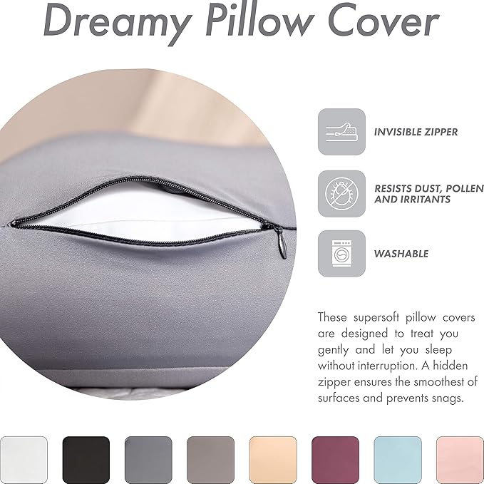 PILLOWY Premium Microbead Bed Pillow, Medium Extra Fluffy But Supportive - Ultra Comfortable Sleep with Silk Like Anti Aging Cover 85% Spandex/ 15% Nylon Breathable, Cooling Dark Grey
