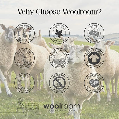 Woolroom Organic GOTS-Certified California King Mattress Pad - 100% Natural Temperature Control Hypoallergenic British Wool Mattress Topper - Extra Comfort for Firm or Old Mattress