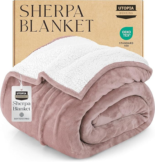 Utopia Bedding Sherpa Blanket Twin Size (Rose Pink, 90x66 Inches) - Soft Lightweight Plush Fleece Reversible Blanket for Bed, Sofa, Couch, Camping and Travel