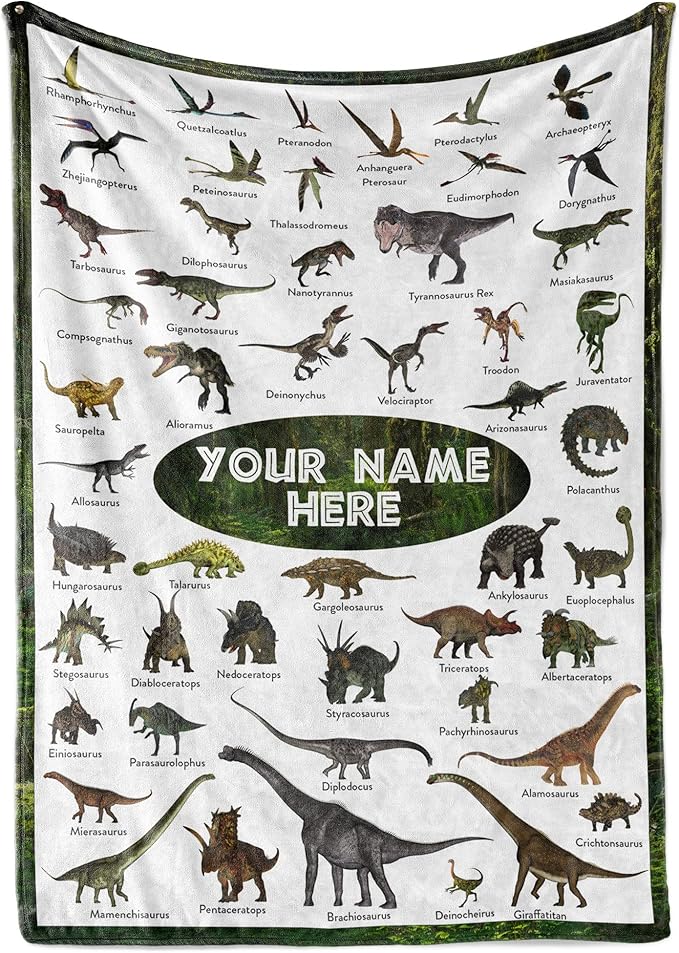 Personalized Dinosaur Blanket for Kids, Ships Next Day - Dino Throw Blanket for Boys and Girls, Toddler Bed, Room & Bedroom Decor - Educational Blankets for Children - USA Based (60x80, Sherpa)