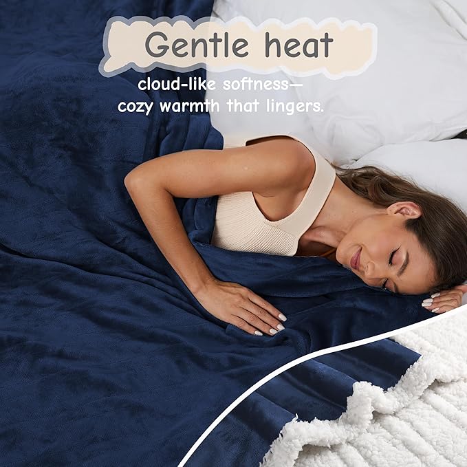Electric Heated Blanket Queen Size 84"x90", Soft Flannel with Dual Controllers & Overheat Protection, 6 Adjustable Heat Settings & 10-Hour Auto-Off Timer, Fast Heating for Winter Comfort, Navy Blue