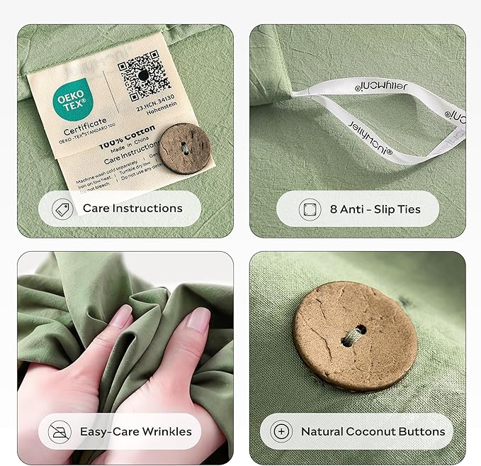 JELLYMONI 100% Washed Cotton Duvet Cover King – Soft, Breathable Linen-Look Bedding with Natural Wrinkle Texture, Button Closure, 3-Piece Set (Mint Green, 104"x90")