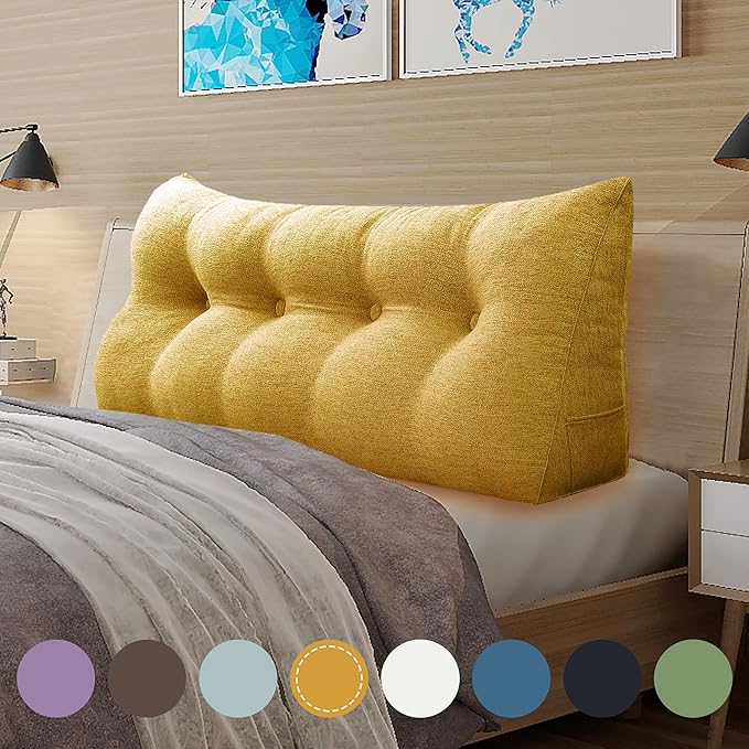 13 lbs Thickened Headboard Pillow Wedge Pillow Headboard Reading Pillow Bed for Comfortable Backrest Reading Triangular Pillow with Side Pocket Backrest Pillows for Sitting in Bed Yellow Full