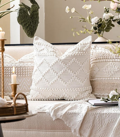 BlissBlush Pure White Decorative Throw Pillow Cover 20X20, Boho Accent Pillow for Couch, Square Modern Farmhouse Pillowcase for Living Room Couch Sofa Cushion Home Décor (Pack of 1)