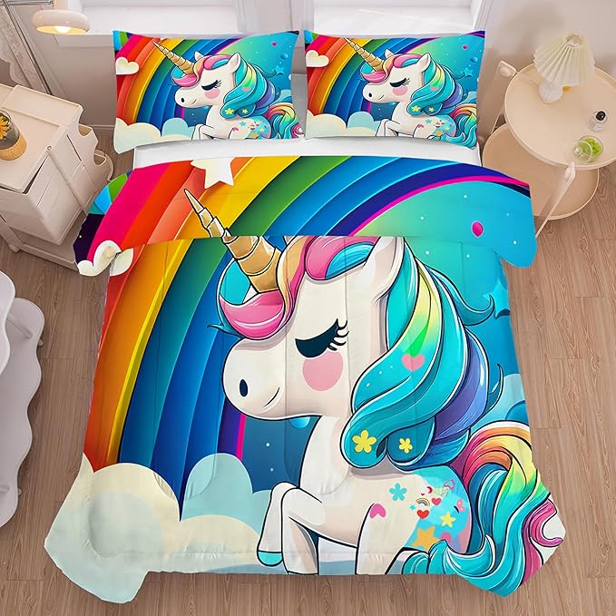 Unicorn Bedding Twin Size Rainbow Unicorn Comforter Set for Girls Kids Children Boys Bedroom Cartoon Light Blue Unicorn Quilt 1 Comforter + 1 Pillowcase