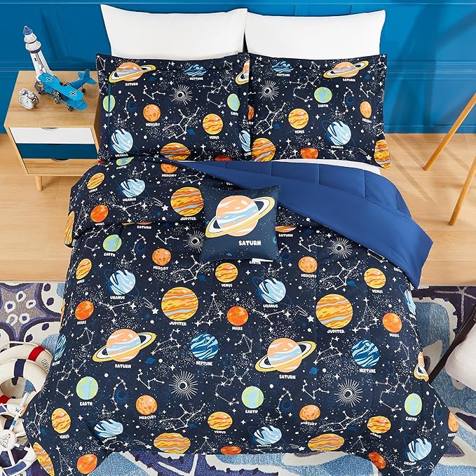 Twin Comforter Set for Boys-3 Pieces Space Glow in The Dark Twin Bedding Sets for Kids,1 Comforter,1 Sham and 1 Decor Pillow