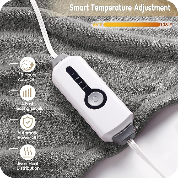 Electric Heated Blanket Full Size 72×84, Breathable & Luxurious Flannel,Soft Warm Gift with Over-Heat Protection,4 Heating Levels & 10 H Auto Shut Off, Machine Washable, Light Grey