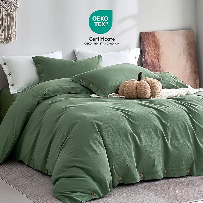 JELLYMONI 100% Washed Cotton Duvet Cover Twin – Soft, Breathable Linen-Look Bedding with Natural Wrinkle Texture, Button Closure, 3-Piece Set (Dusty Green, 68"x90")