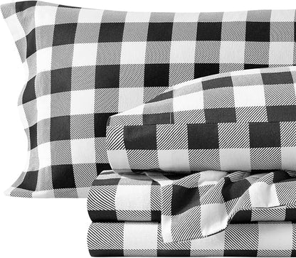 Bare Home Flannel Sheet Set Prints, 100% Cotton, Velvety Soft Heavyweight - Double Brushed Flannel for Extra Softness & Comfort - Deep Pocket - Bed Sheets (King, Buffalo Plaid - White/Black)