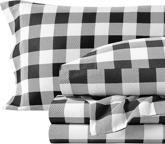 Bare Home Flannel Sheet Set Prints, 100% Cotton, Velvety Soft Heavyweight - Double Brushed Flannel for Extra Softness & Comfort - Deep Pocket - Bed Sheets (Split King, Buffalo Plaid - White/Black)