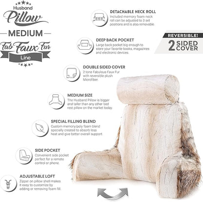 Husband Pillow Medium Rare Baby Coyote Fabulous Faux Fur Backrest, Two-Tone Reversible Double Sided Reading & Bed Rest Pillow with Arms & Neck Roll Adjustable Memory Foam - Sit Up Extremely Comfy
